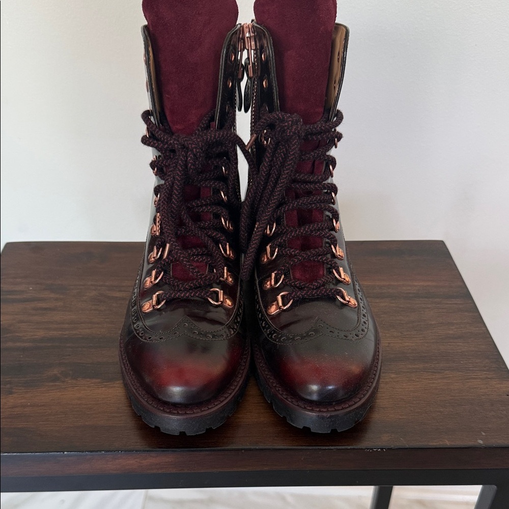 Women's Burgundy Lace-Up Mixed-Material Ankle Boots